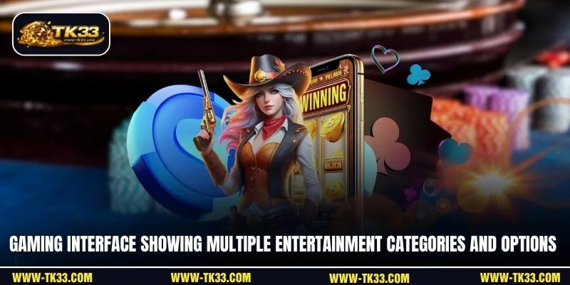 Gaming interface showing multiple entertainment categories and options